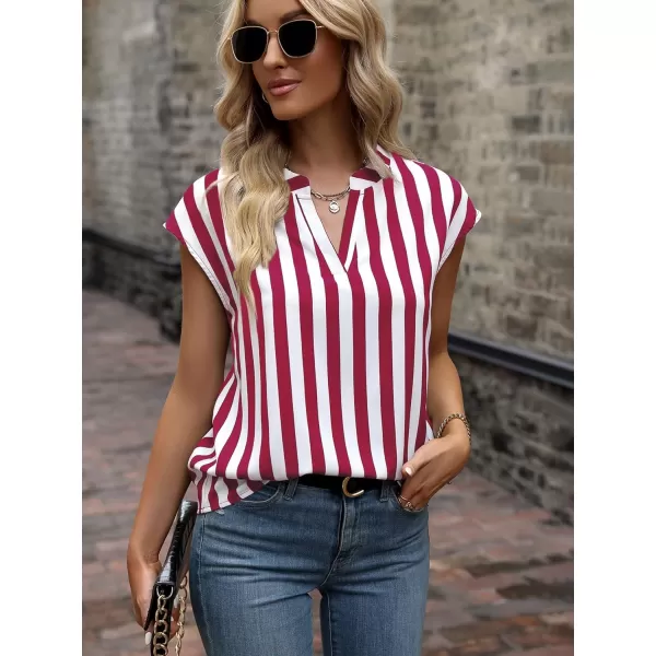 WDIRARA Women's Striped Ruffle Cap Sleeve Notched V Neck Blouse Top Shirt