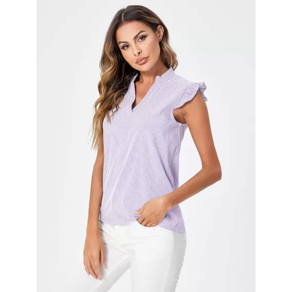 WDIRARA Women's Striped Ruffle Cap Sleeve Notched V Neck Blouse Top Shirt