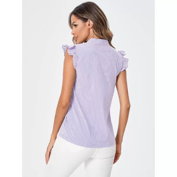 WDIRARA Women's Striped Ruffle Cap Sleeve Notched V Neck Blouse Top Shirt