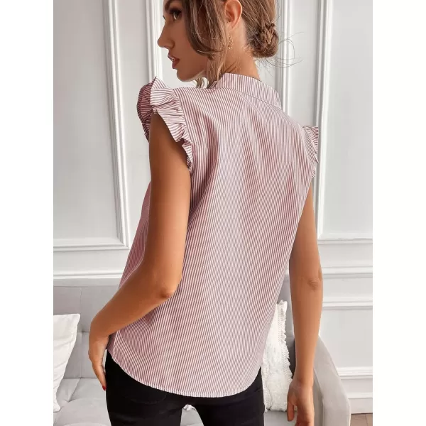 WDIRARA Women's Striped Ruffle Cap Sleeve Notched V Neck Blouse Top Shirt