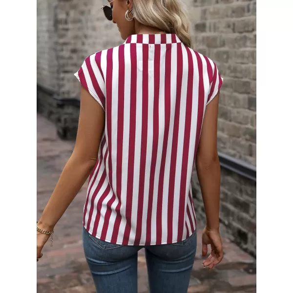 WDIRARA Women's Striped Ruffle Cap Sleeve Notched V Neck Blouse Top Shirt