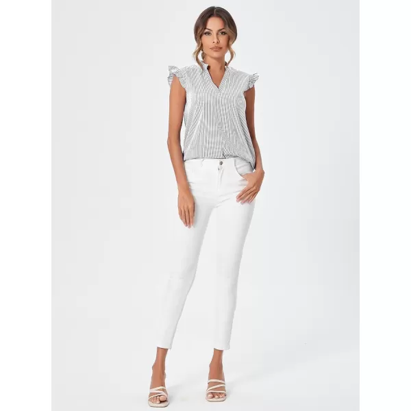 WDIRARA Women's Striped Ruffle Cap Sleeve Notched V Neck Blouse Top Shirt