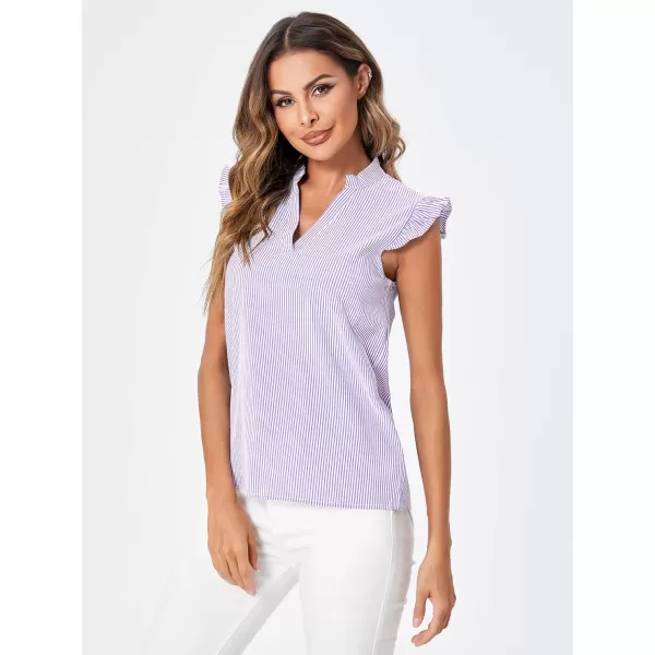 WDIRARA Women's Striped Ruffle Cap Sleeve Notched V Neck Blouse Top Shirt
