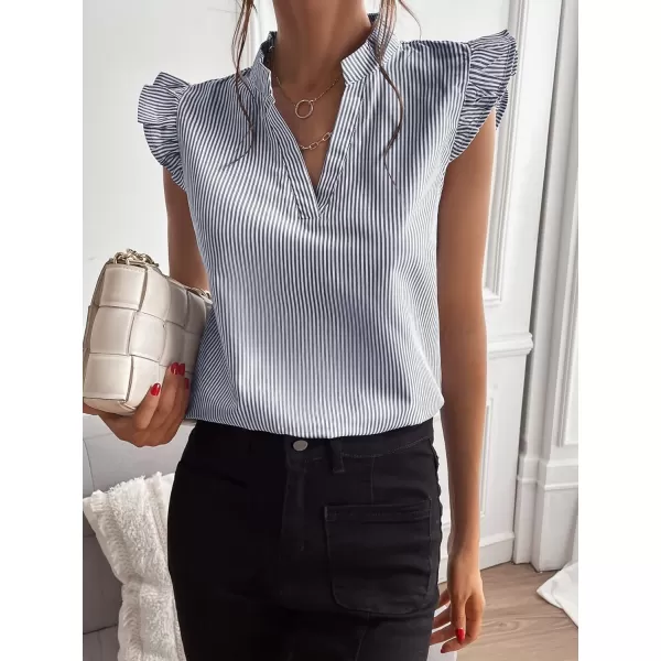 WDIRARA Women's Striped Ruffle Cap Sleeve Notched V Neck Blouse Top Shirt