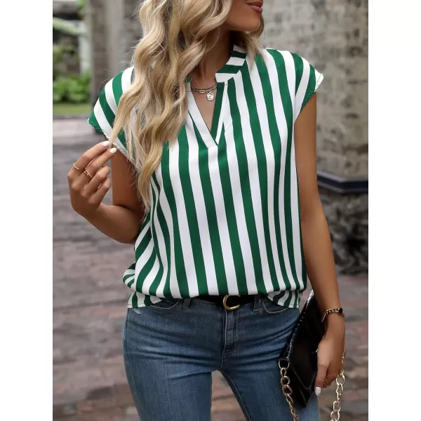 WDIRARA Women's Striped Ruffle Cap Sleeve Notched V Neck Blouse Top Shirt