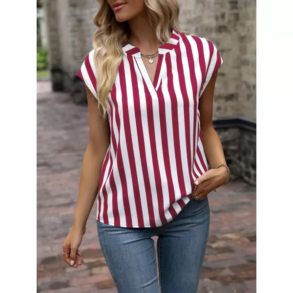 WDIRARA Women's Striped Ruffle Cap Sleeve Notched V Neck Blouse Top Shirt
