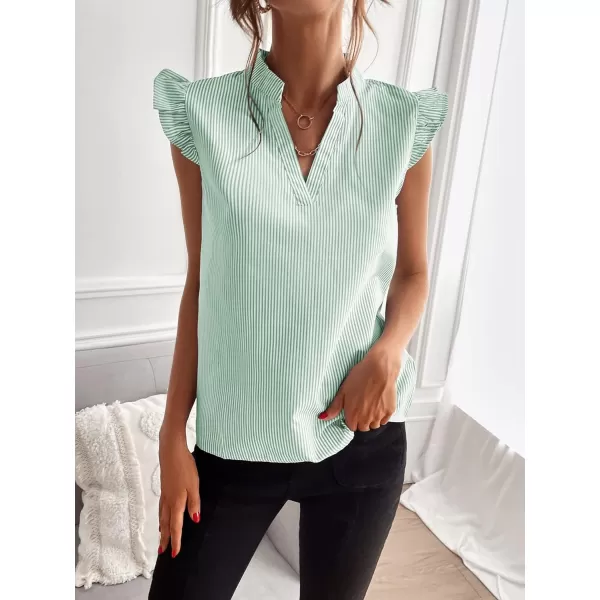 WDIRARA Women's Striped Ruffle Cap Sleeve Notched V Neck Blouse Top Shirt