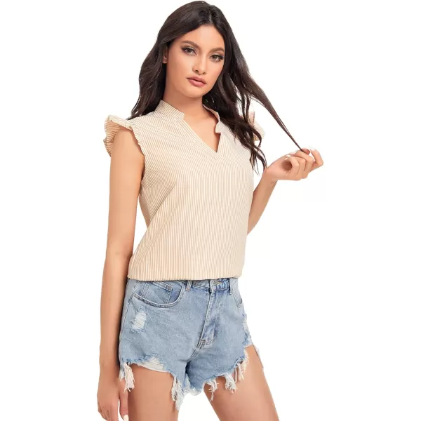 WDIRARA Women's Striped Ruffle Cap Sleeve Notched V Neck Blouse Top Shirt