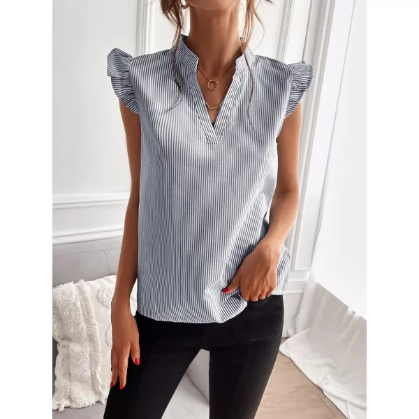 WDIRARA Women's Striped Ruffle Cap Sleeve Notched V Neck Blouse Top Shirt