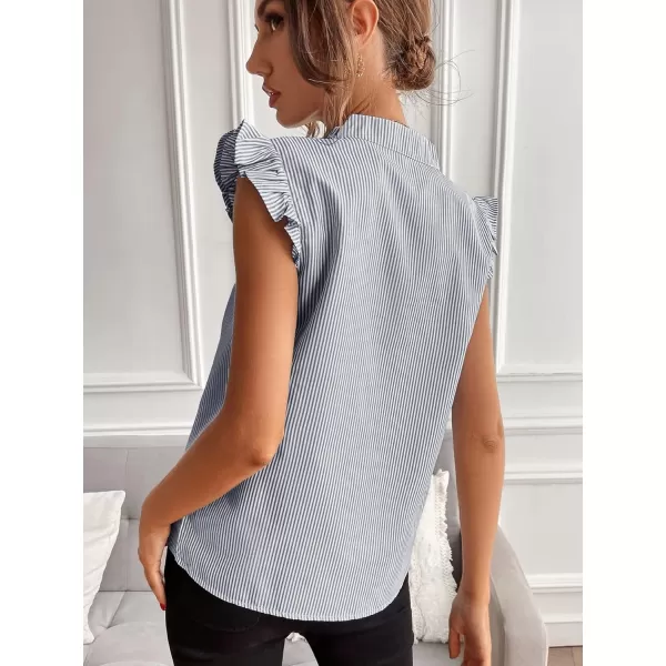 WDIRARA Women's Striped Ruffle Cap Sleeve Notched V Neck Blouse Top Shirt