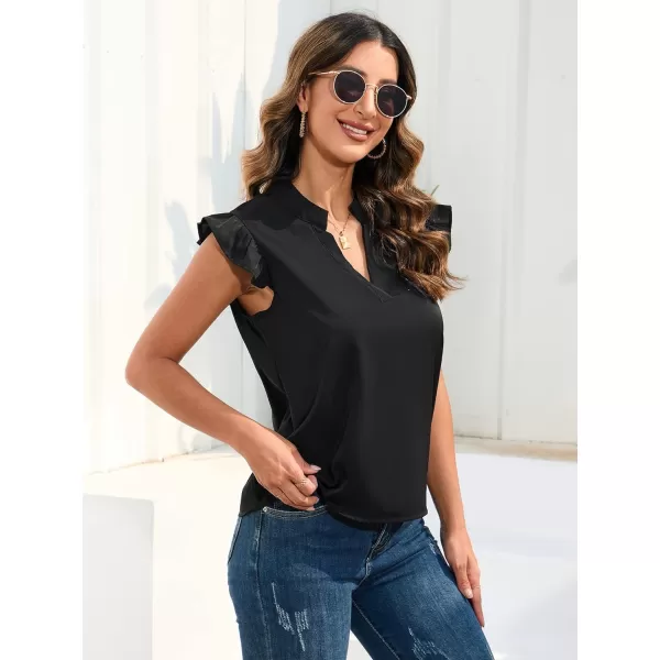 WDIRARA Women's Striped Ruffle Cap Sleeve Notched V Neck Blouse Top Shirt