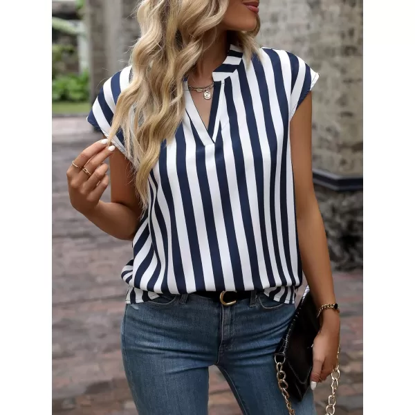 WDIRARA Women's Striped Ruffle Cap Sleeve Notched V Neck Blouse Top Shirt