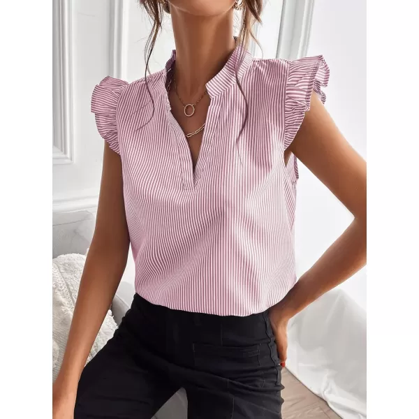WDIRARA Women's Striped Ruffle Cap Sleeve Notched V Neck Blouse Top Shirt