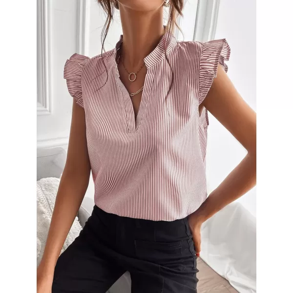 WDIRARA Women's Striped Ruffle Cap Sleeve Notched V Neck Blouse Top Shirt