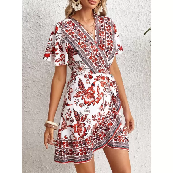 WDIRARA Women's Summer Casual Boho Floral Print Short Sleeve Wrap V Neck Ruffle Hem A Line Dress