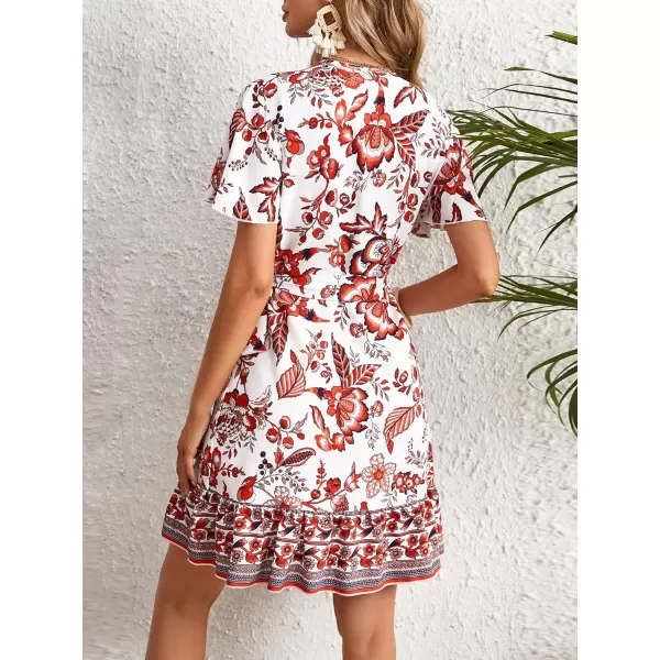 WDIRARA Women's Summer Casual Boho Floral Print Short Sleeve Wrap V Neck Ruffle Hem A Line Dress