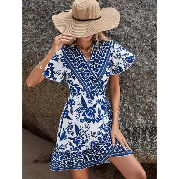 WDIRARA Women's Summer Casual Boho Floral Print Short Sleeve Wrap V Neck Ruffle Hem A Line Dress