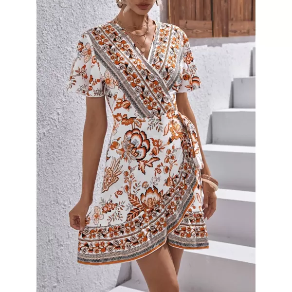 WDIRARA Women's Summer Casual Boho Floral Print Short Sleeve Wrap V Neck Ruffle Hem A Line Dress