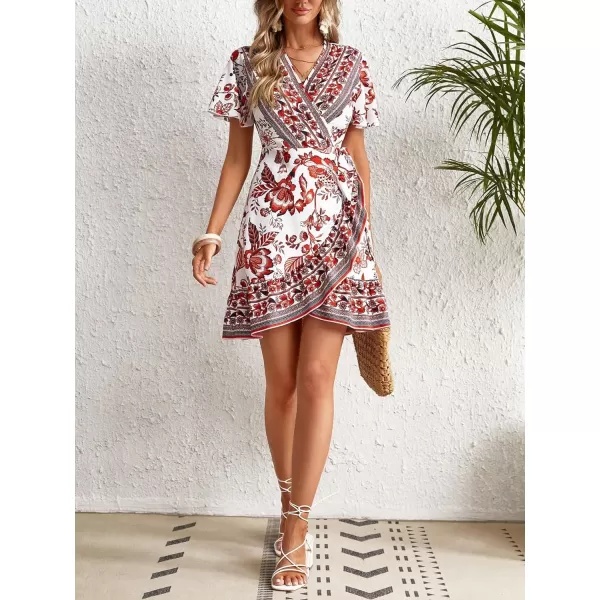 WDIRARA Women's Summer Casual Boho Floral Print Short Sleeve Wrap V Neck Ruffle Hem A Line Dress