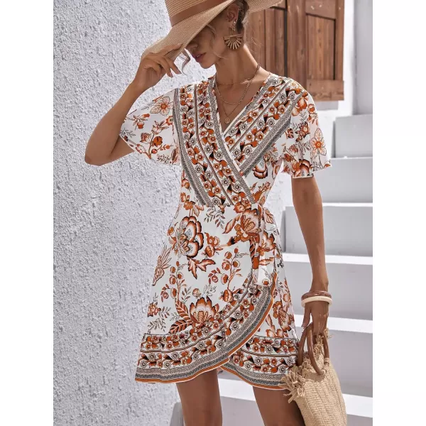 WDIRARA Women's Summer Casual Boho Floral Print Short Sleeve Wrap V Neck Ruffle Hem A Line Dress