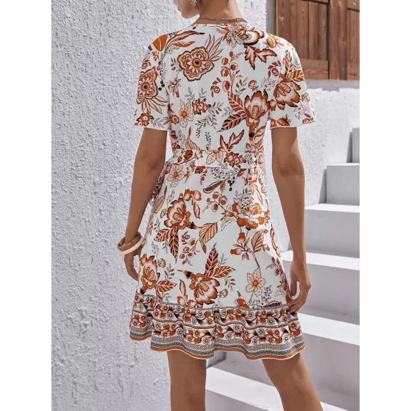 WDIRARA Women's Summer Casual Boho Floral Print Short Sleeve Wrap V Neck Ruffle Hem A Line Dress