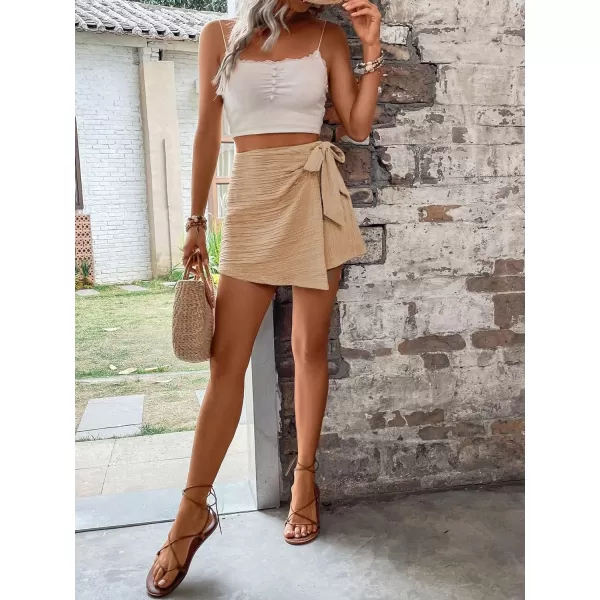 WDIRARA Women's Summer Mini Wrap Shorts Knot High Waist Belted Skorts Zipper Casual Loose Skirt
