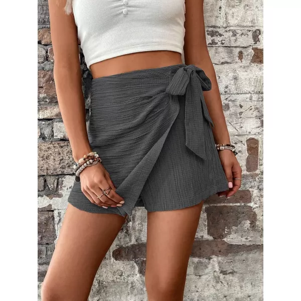 WDIRARA Women's Summer Mini Wrap Shorts Knot High Waist Belted Skorts Zipper Casual Loose Skirt