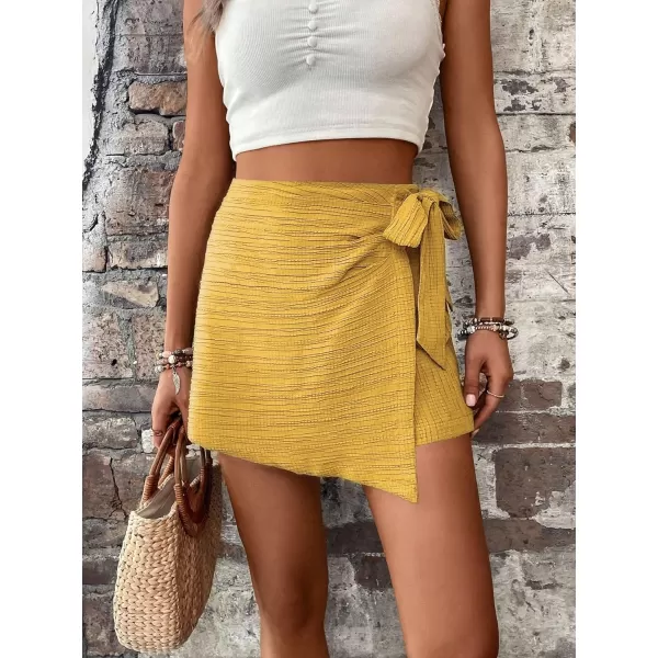 WDIRARA Women's Summer Mini Wrap Shorts Knot High Waist Belted Skorts Zipper Casual Loose Skirt