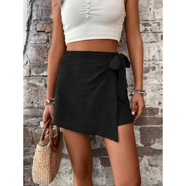 WDIRARA Women's Summer Mini Wrap Shorts Knot High Waist Belted Skorts Zipper Casual Loose Skirt