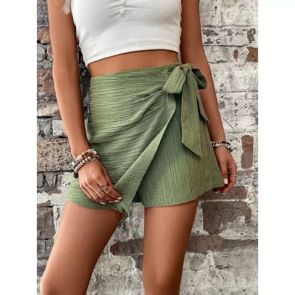 WDIRARA Women's Summer Mini Wrap Shorts Knot High Waist Belted Skorts Zipper Casual Loose Skirt
