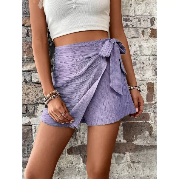WDIRARA Women's Summer Mini Wrap Shorts Knot High Waist Belted Skorts Zipper Casual Loose Skirt