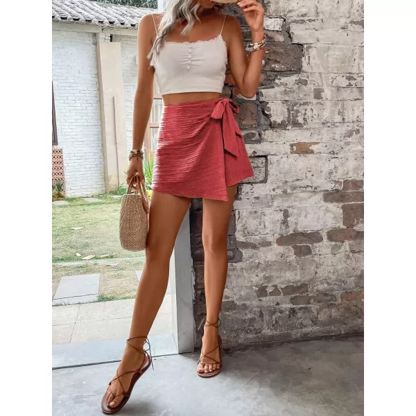 WDIRARA Women's Summer Mini Wrap Shorts Knot High Waist Belted Skorts Zipper Casual Loose Skirt
