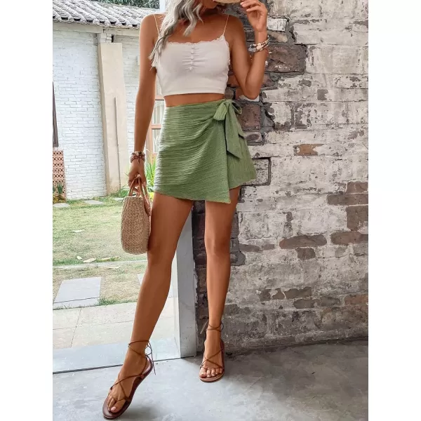 WDIRARA Women's Summer Mini Wrap Shorts Knot High Waist Belted Skorts Zipper Casual Loose Skirt