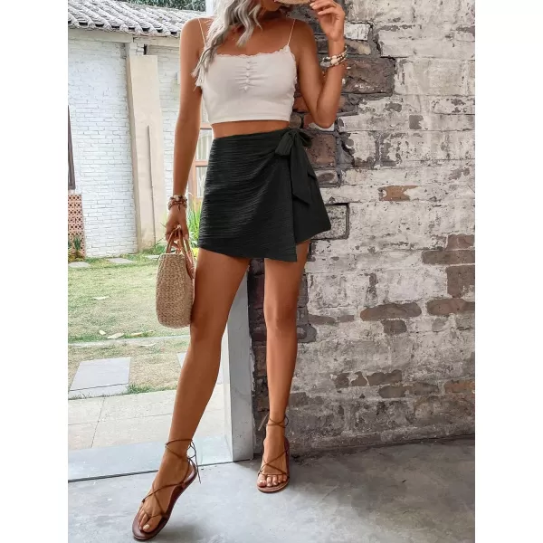 WDIRARA Women's Summer Mini Wrap Shorts Knot High Waist Belted Skorts Zipper Casual Loose Skirt