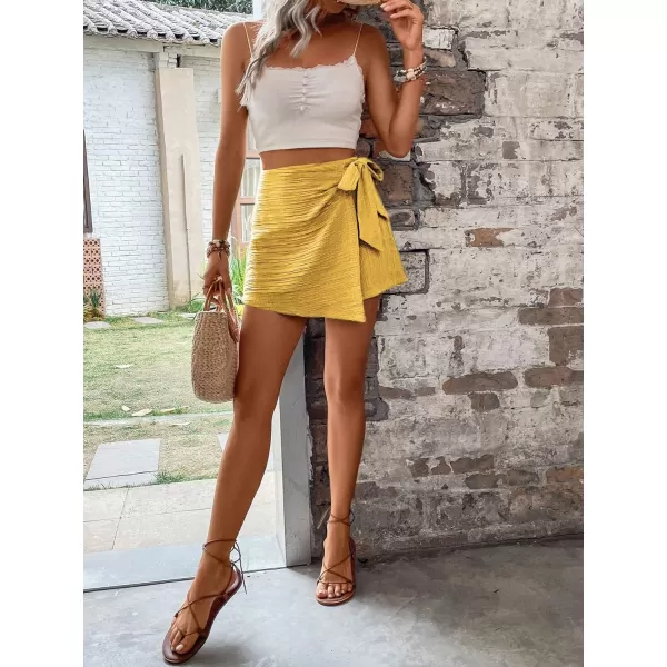 WDIRARA Women's Summer Mini Wrap Shorts Knot High Waist Belted Skorts Zipper Casual Loose Skirt