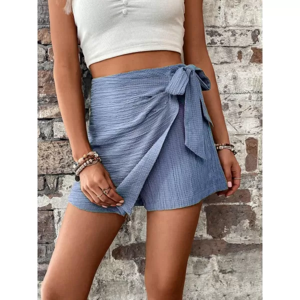 WDIRARA Women's Summer Mini Wrap Shorts Knot High Waist Belted Skorts Zipper Casual Loose Skirt