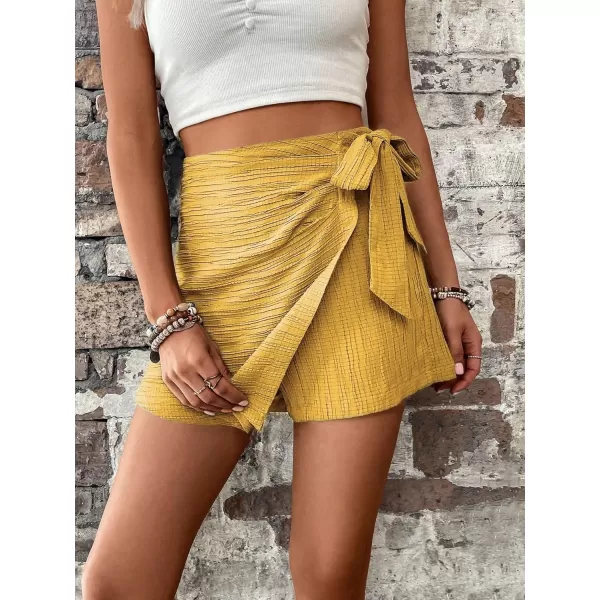WDIRARA Women's Summer Mini Wrap Shorts Knot High Waist Belted Skorts Zipper Casual Loose Skirt