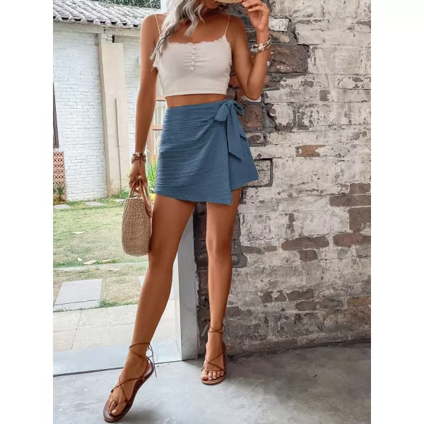 WDIRARA Women's Summer Mini Wrap Shorts Knot High Waist Belted Skorts Zipper Casual Loose Skirt
