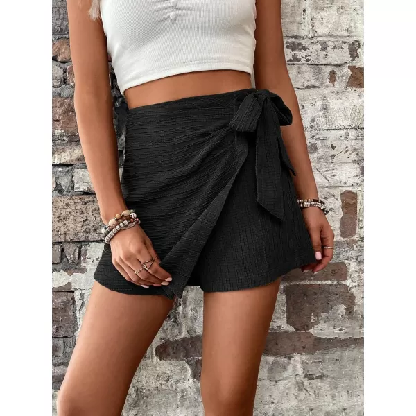 WDIRARA Women's Summer Mini Wrap Shorts Knot High Waist Belted Skorts Zipper Casual Loose Skirt