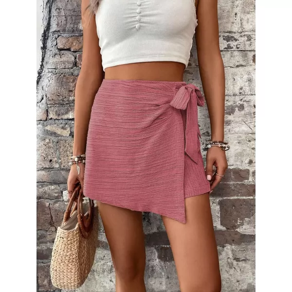 WDIRARA Women's Summer Mini Wrap Shorts Knot High Waist Belted Skorts Zipper Casual Loose Skirt
