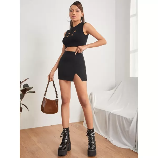 WDIRARA Women's Summer Solid Split Hem Zip Back Mini Workwear Skirt