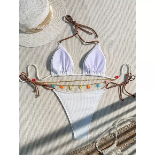 WDIRARA Women's Swimsuit Set Halter String Sea Shell Triangle Bikini Set Cheeky Bathing Suits
