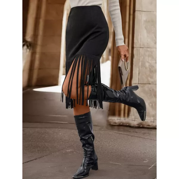 WDIRARA Women's Tassel Fringe Trim Faux Suede Straight Hem High Waisted Midi Skirt