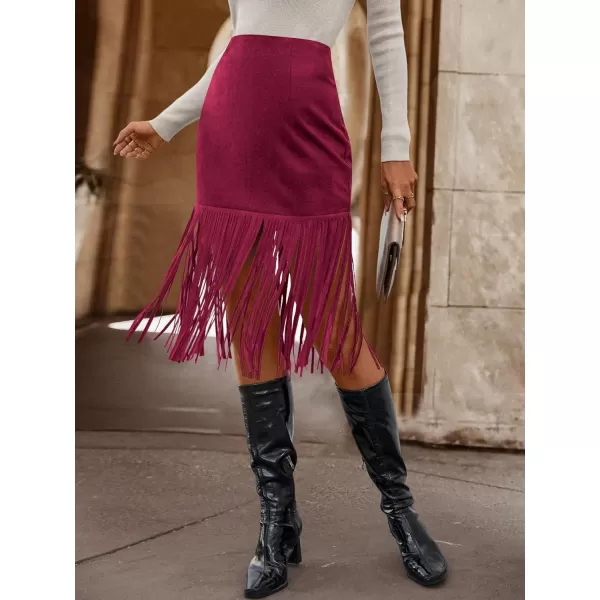 WDIRARA Women's Tassel Fringe Trim Faux Suede Straight Hem High Waisted Midi Skirt