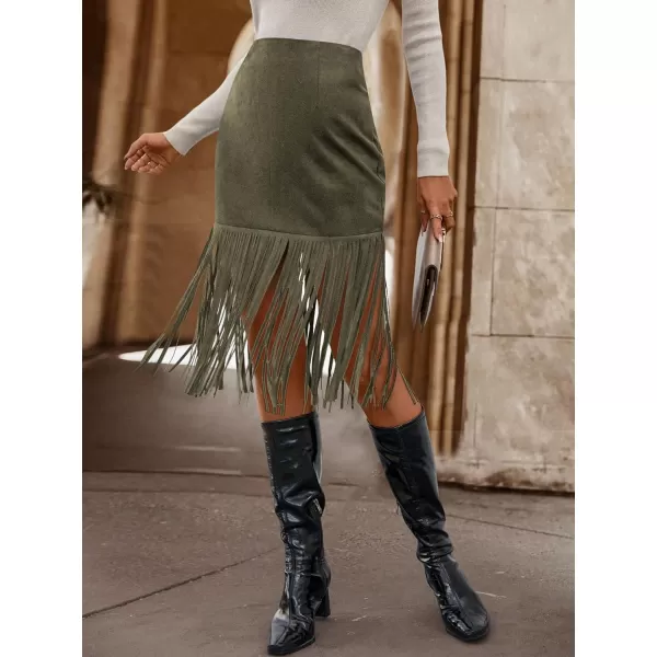 WDIRARA Women's Tassel Fringe Trim Faux Suede Straight Hem High Waisted Midi Skirt