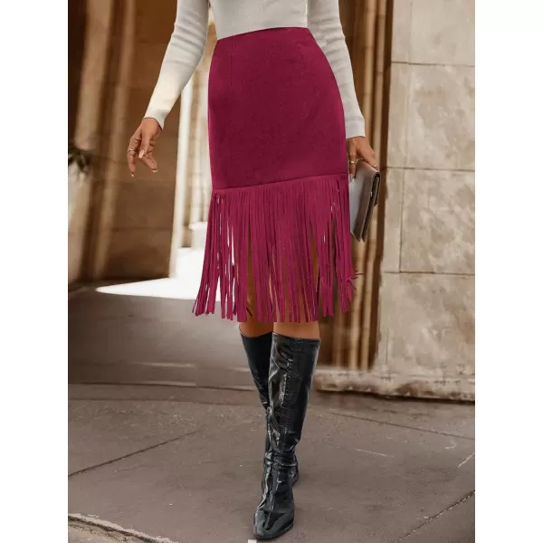 WDIRARA Women's Tassel Fringe Trim Faux Suede Straight Hem High Waisted Midi Skirt