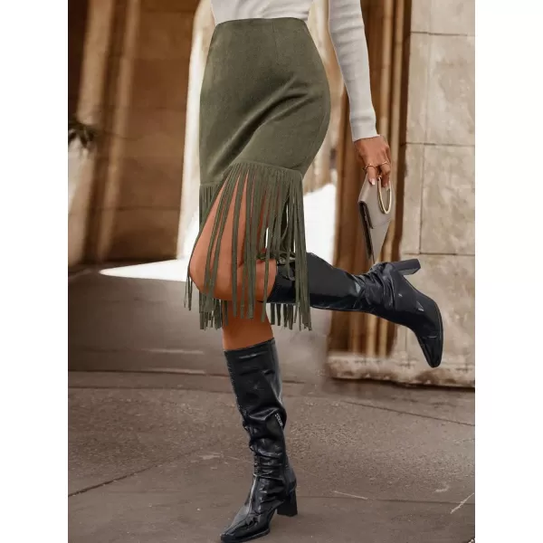 WDIRARA Women's Tassel Fringe Trim Faux Suede Straight Hem High Waisted Midi Skirt