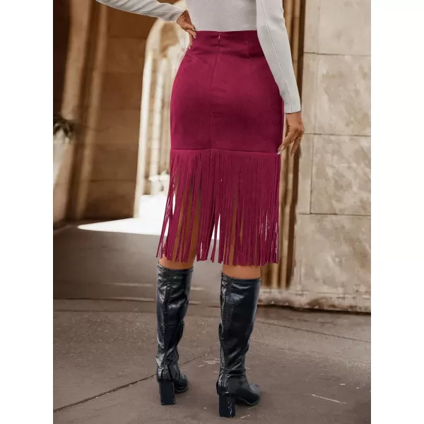 WDIRARA Women's Tassel Fringe Trim Faux Suede Straight Hem High Waisted Midi Skirt