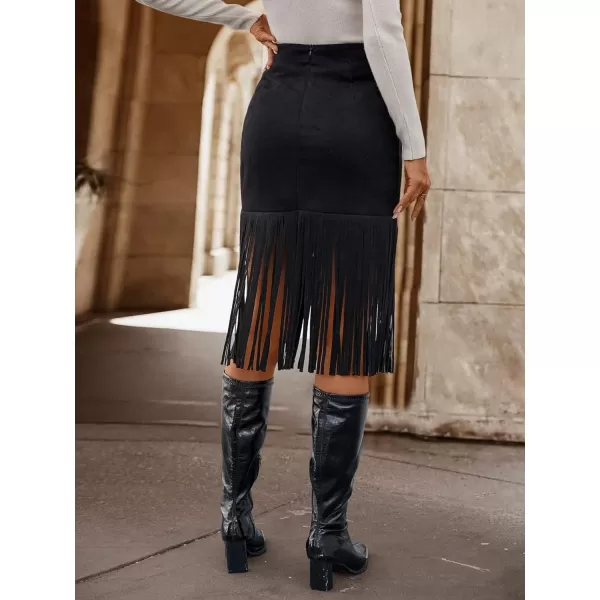 WDIRARA Women's Tassel Fringe Trim Faux Suede Straight Hem High Waisted Midi Skirt