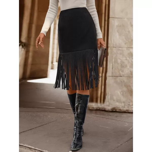 WDIRARA Women's Tassel Fringe Trim Faux Suede Straight Hem High Waisted Midi Skirt